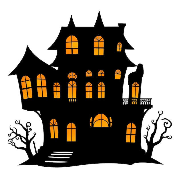 Griezelig spookachtig huis met vleermuizen en kale bomen Halloween illustratie