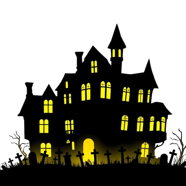 Griezelig spookachtig huis met vleermuizen en kale bomen Halloween illustratie
