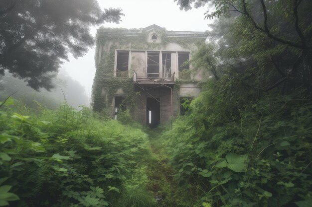 Griezelig verlaten gebouw omringd door overwoekerde vegetatie en griezelige mist