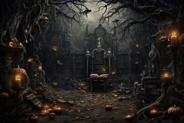 Griezelige Halloween-achtergrond Een angstaanjagend sfeervolle achtergrond die de griezelige toon zet voor een huiveringwekkend Halloween-feest Generatieve Ai
