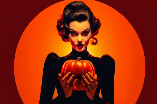 Griezelige Halloween-vrouw die een pompoen op haar handen houdt