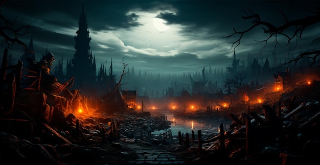 Griezelige nacht in donkere middeleeuwse kasteel enge sfeer voor Halloween vakantie achtergrond concept AI gegenereerde afbeelding