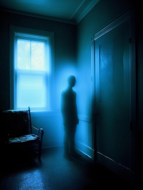 Griezelige silhouetten van mensen in donkere kamer met ramen en stoel Generatieve AI