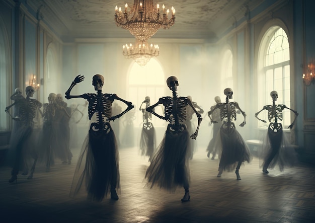Griezelige skeletten dansen in een spookachtige balzaal