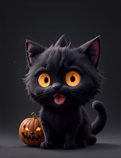 griezelige zwarte kat en halloween-pompoen op een donkere plaats
