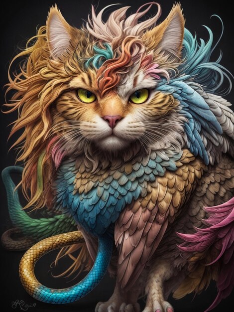 A griffin mixed out of a proud cat a strong bir