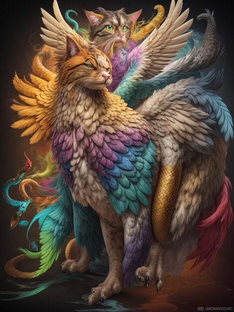 A griffin mixed out of a proud cat a strong bir