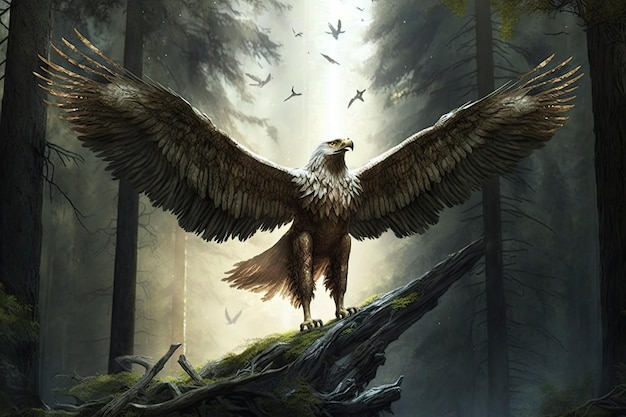 Griffin soaring above forest its wings spread wide