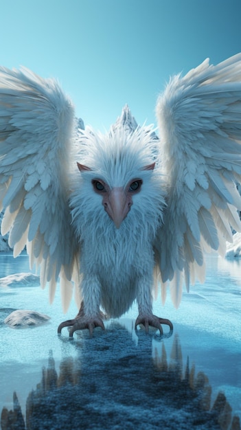 Griffin walking through snow covered forest Sunny frosty day Snow covered mountains Ai generated art