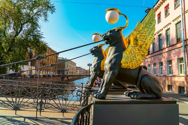 Griffins on the Bank bridge over the Griboyedov canal in St. Petersburg. Russia.