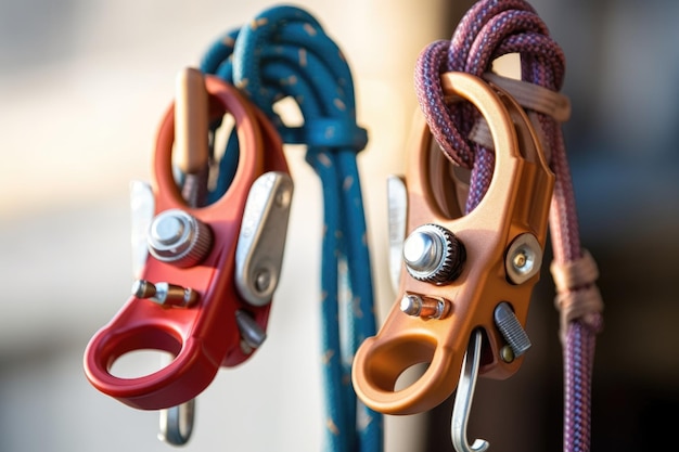 Photo grigri and tubular belay devices side by side created with generative ai