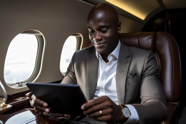 Grijnzende zakenprofessional zittend in een privéjet bezig met tabletwerk Generatieve AI