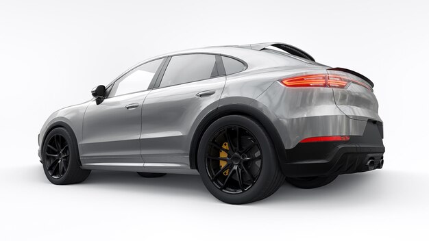 Grijs 3D-model van een sport-SUV in een coupé-lichaam op een witte achtergrond 3D-rendering