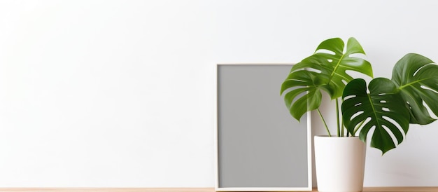 Grijs fotoram en monstera deliciosa plant in een pot op een witte tafel