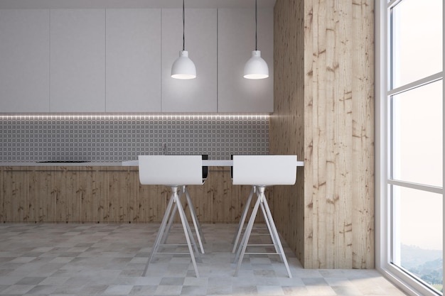 Grijs keukeninterieur met muurpatroon met een tegelvloer, witte werkbladen en een tafel met zwarte krukken. Een zijaanzicht. 3D-rendering mock-up