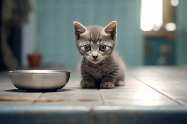 Foto grijs kitten zit in de buurt van een kom met droog voedsel