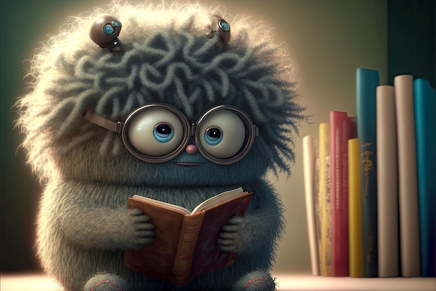 Grijs pluizig schattig monster leest boeken met een bril generatieve ai