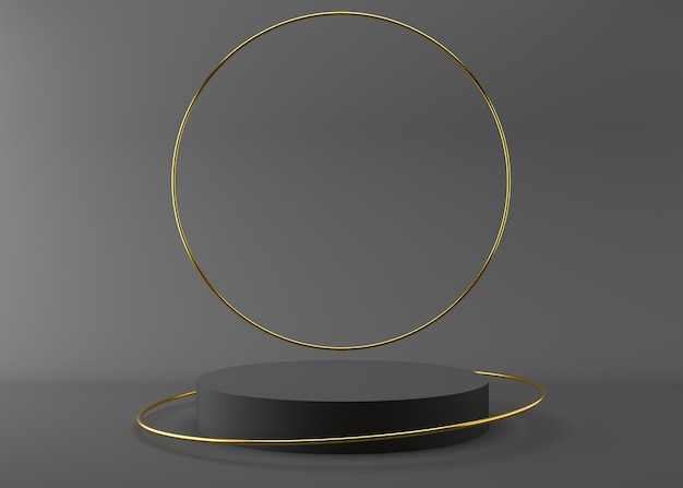 Grijs podium met gouden ringen op de grijze achtergrond. 3D-weergave. Elegant podium voor product, cosmetische presentatie. Bespotten. Voetstuk of platform voor schoonheidsproducten. Lege scène.