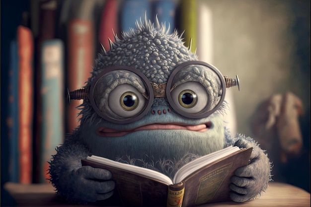 Grijs portret van schattig monster leest boeken met glazen generatieve ai