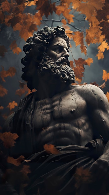 Grijs standbeeld van de Griekse god met baard in de tuin