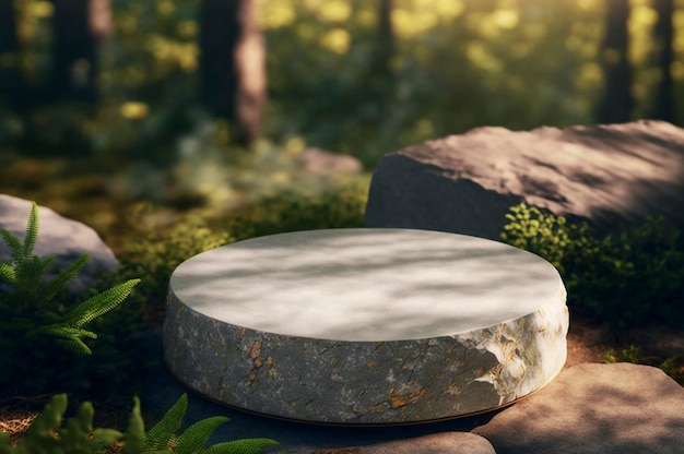 Grijs stenen podium op de achtergrond van herfstbos Gemaakt met generatieve AI-technologie