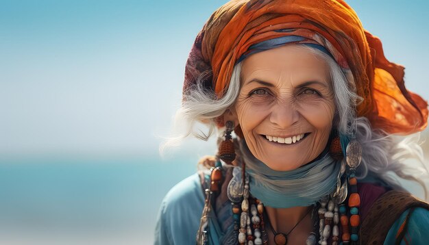 Grijsharige Europese vrouw van 60 jaar in een tulband op het strand