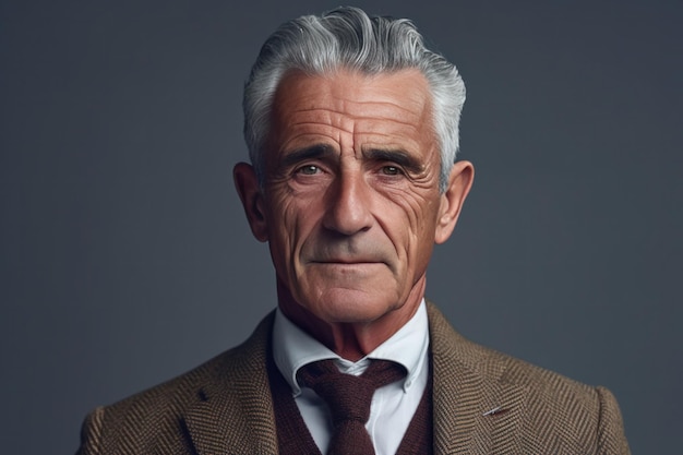 Grijsharige gepensioneerde bejaarde zakenman in pak op grijze achtergrond headshot Generatieve AI