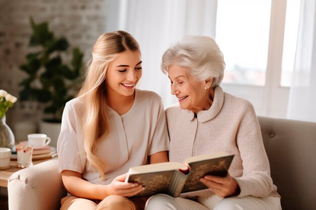 grijsharige vrouw grootmoeder moeder en volwassen dochter zitten en kijken naar een foto album boek