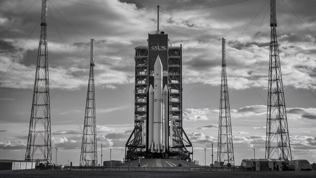 Grijsvlakfoto van de toren met de S.L.S. raket in het Kennedy Space Center.