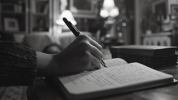 Foto grijsvlakfoto van een persoon die met een pen in een notitieboekje schrijft