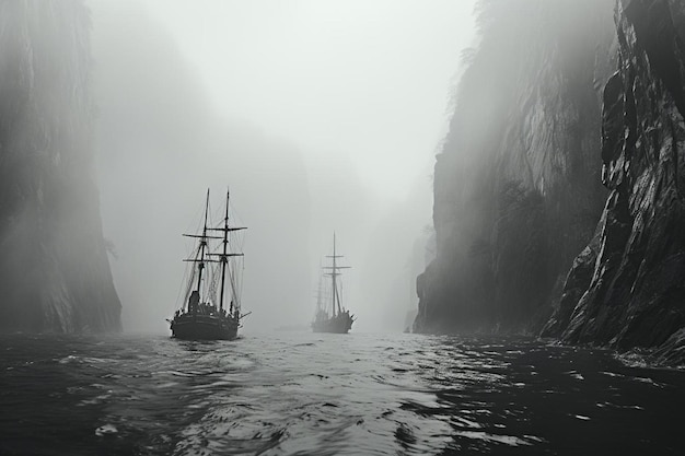 Grijsvlakfoto van rotsformaties in de bevroren oceaan bedekt met mist