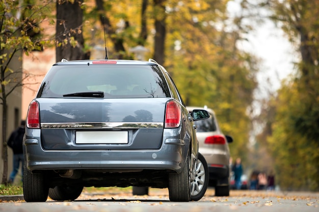 Grijze auto geparkeerd op asfaltweg op zonnige dag.