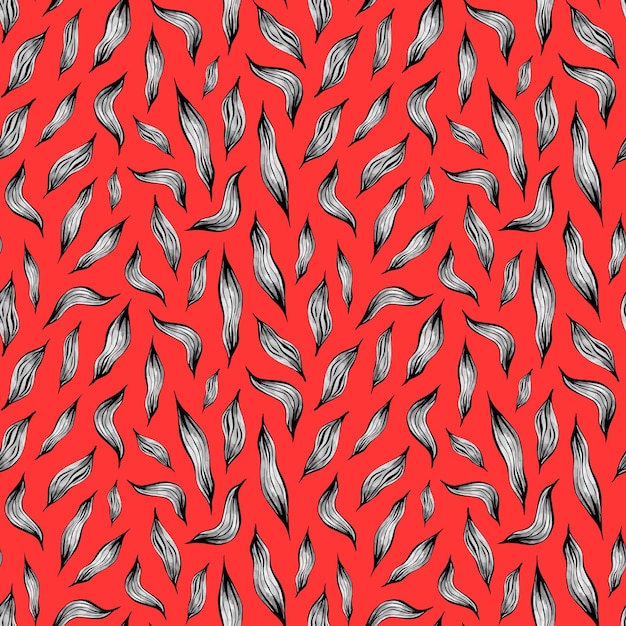 Grijze bladeren op een rood naadloos patroon als achtergrond