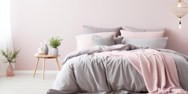 Grijze deken op houten bed met roze beddengoed