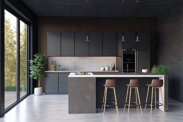 Grijze en donkere houten keuken met bar staan betonnen vloer grijze muren en panoramische ramen mockup