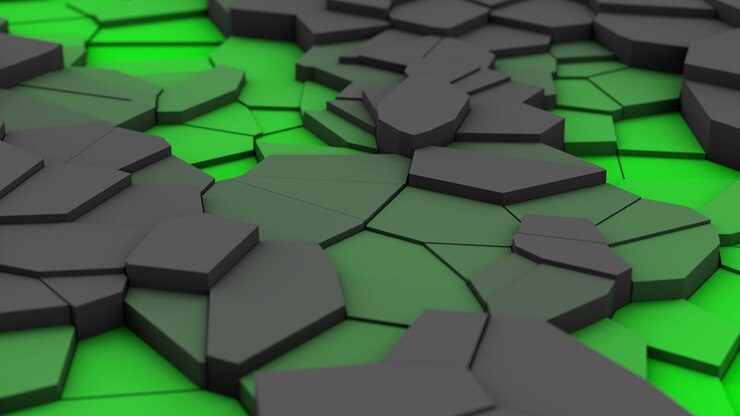 Foto grijze en groene gebroken oppervlak, close-up... abstracte 3d illustratie, render.