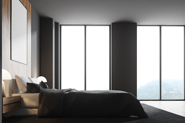 Grijze en houten slaapkamer met een ingelijste verticale poster, hoge ramen en een tweepersoonsbed. 3D-rendering mock-up