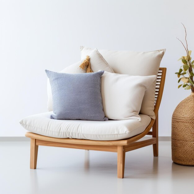 Grijze fauteuil en bank met zachte kussens bij een witte muur