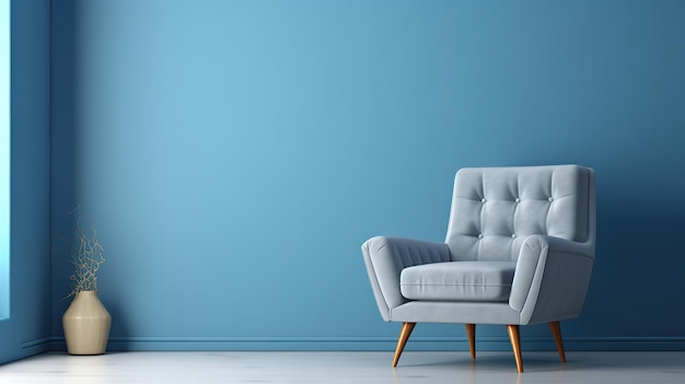 Grijze fauteuil in blauwe woonkamer met kopie ruimte