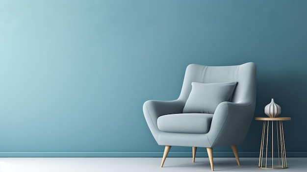 Grijze fauteuil in blauwe woonkamer met kopie ruimte