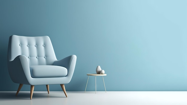 Grijze fauteuil in blauwe woonkamer met kopie ruimte