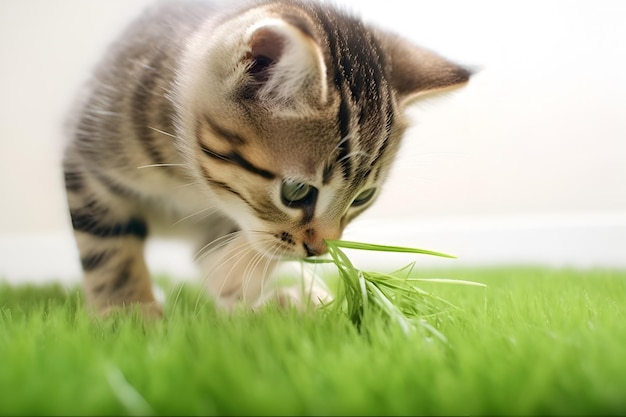 Grijze gelukkige kat loopt in het gras en eet gras van dichtbij gegenereerd door ai diervoeder