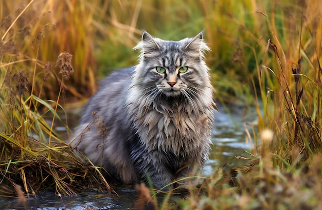 grijze kat die midden in een veld staat