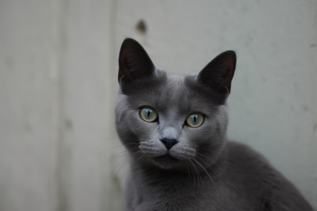 Grijze kat met monochrome muur achter haar generatieve ai