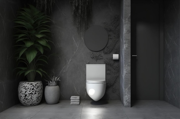 Grijze marmeren badkamer met toilet, zwarte bakstenen muurdecoratie en grijs tegelvloermodel
