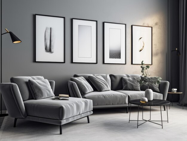 Grijze moderne woonkamer met mock-up frame en modern meubilair Generatieve AI