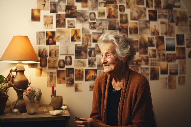 grijze oude vrouw die naar foto's uit het verleden kijkt