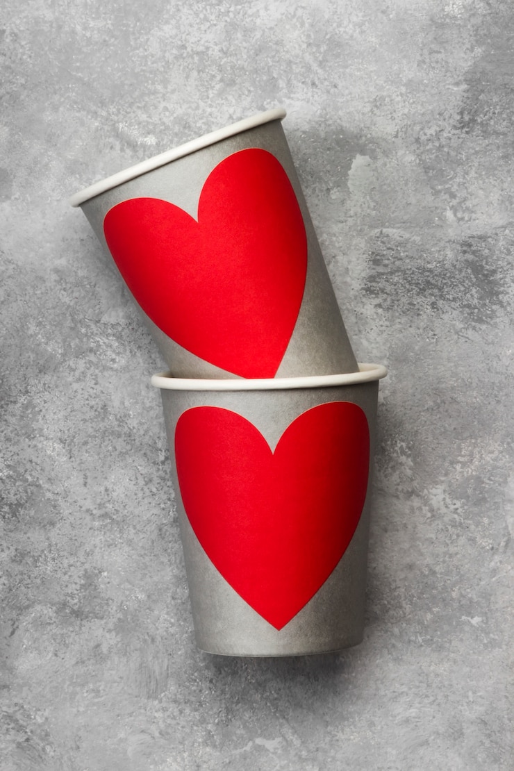 Foto grijze papieren bekers voor drankjes met rood hart op een lichte achtergrond. bovenaanzicht