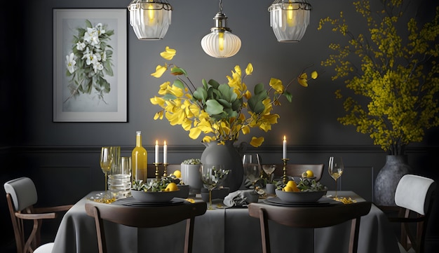 Grijze platen wijnglazen en gele bloemen in vaas in trendy eetkamer interieur met rieten kroonluchters generatieve ai