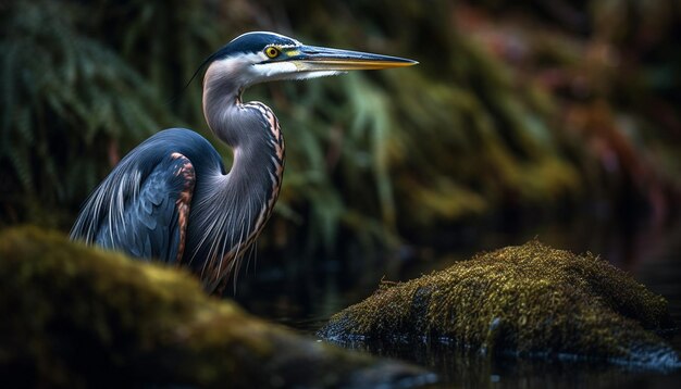 Grijze reiger die op een tak neerstrijkt en er sereen uitziet, gegenereerd door AI